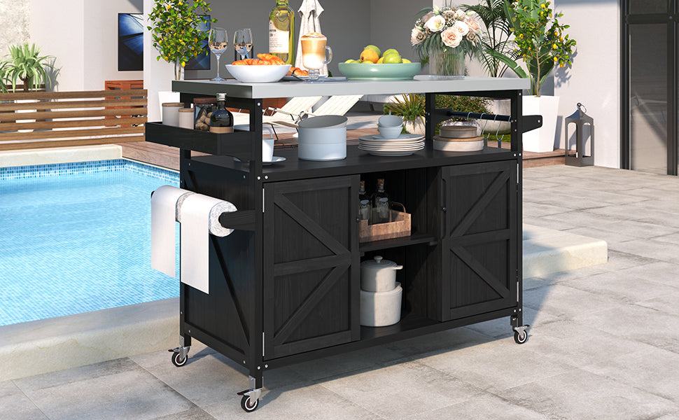 Roomfitters Outdoor Kitchen Island, Rolling Bar Cart with Storage Cabinet, Wood Grill Table, Stainless Steel Top, Spice Rack, Black