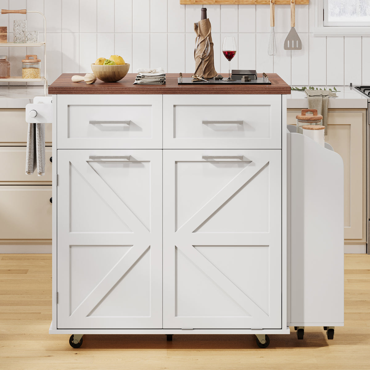 variant-group:rf-n707p307296w|Roomfitters 47.2" Farmhouse Kitchen Island with Drop Leaf, Tilt Trash Can Cabinet, Removable Mobile Side Racks, White