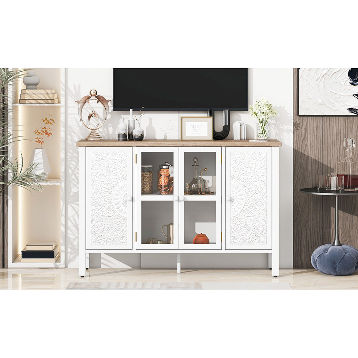 Roomfitters Retro TV Stand for up to 43 Inch TV, Media Console with Glass Cabinet Doors and Anti-Tip Safety Feature, White Roomfitters