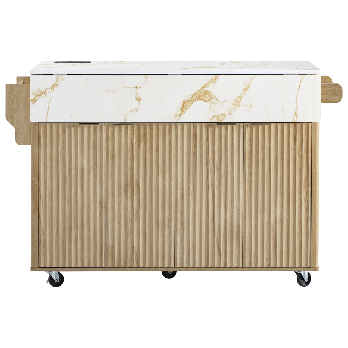 variant-group:rf-n707p353934y|Roomfitters 55.5" Fluted Kitchen Island with Double Drop Leaf, Natural Storage Cart with Power Outlet & Faux Marble Top