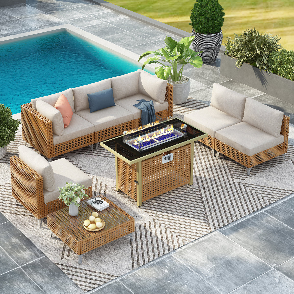 variant-group:rf-n707s000012z|Roomfitters 8-Piece Patio Furniture Set with 43" Fire Pit Table, Outdoor Conversation Set with Thick Cushions, Beige
