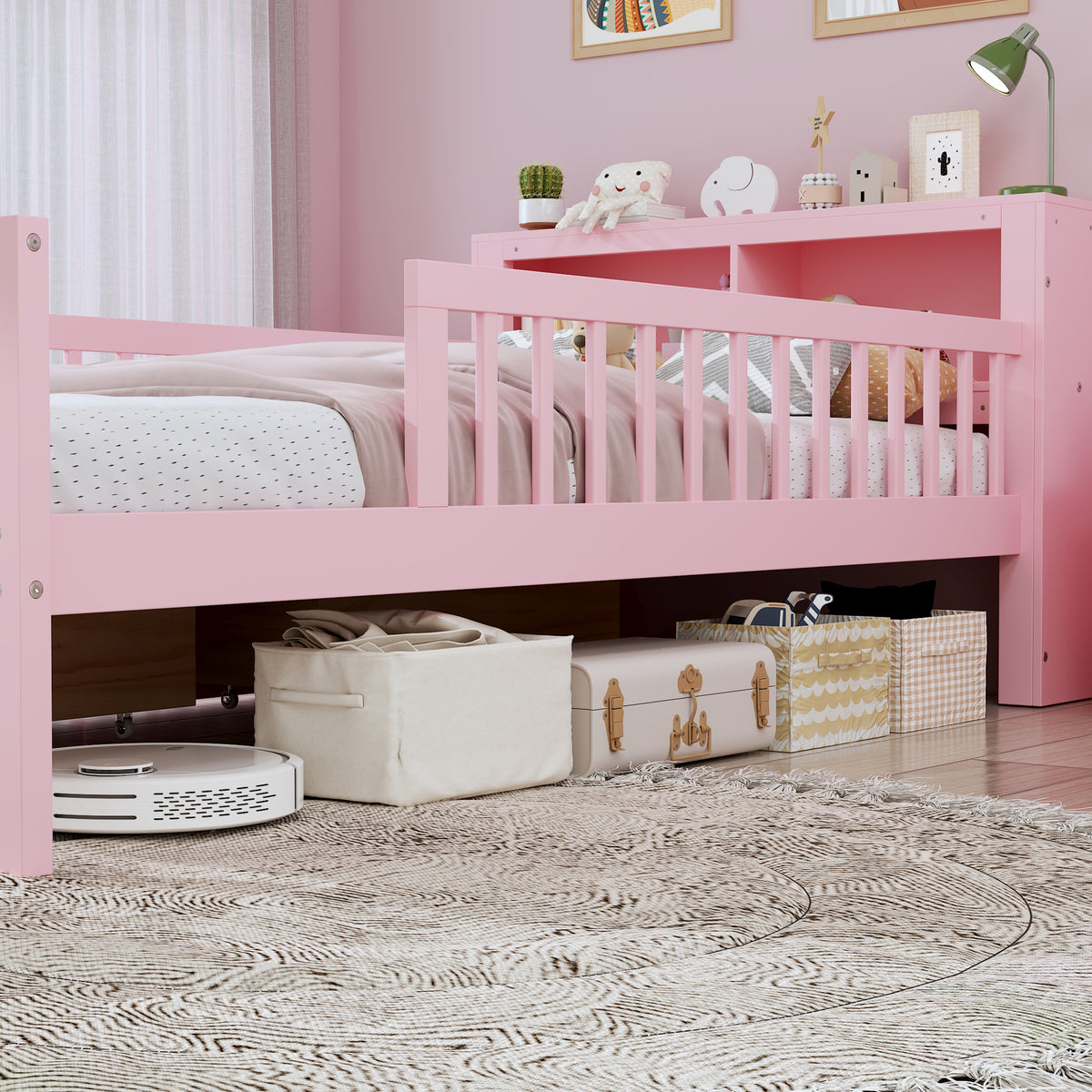 variant-group:rf-n733p272374h|Roomfitters Twin Bed with Headboard Storage Rack, Under-Bed Storage and Three-Side Guardrails, Pink