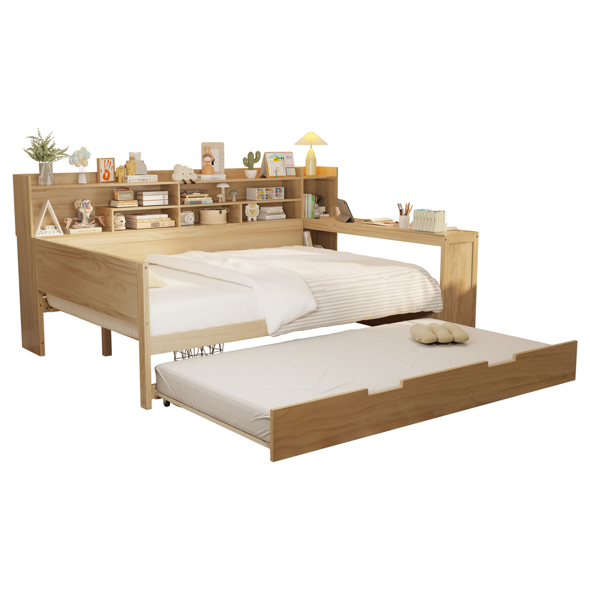 variant-group:rf-n733s373391m|Roomfitters Full Daybed with Twin Trundle, Storage Shelves and Desk, Wooden Multi-Functional Bed, Natural
