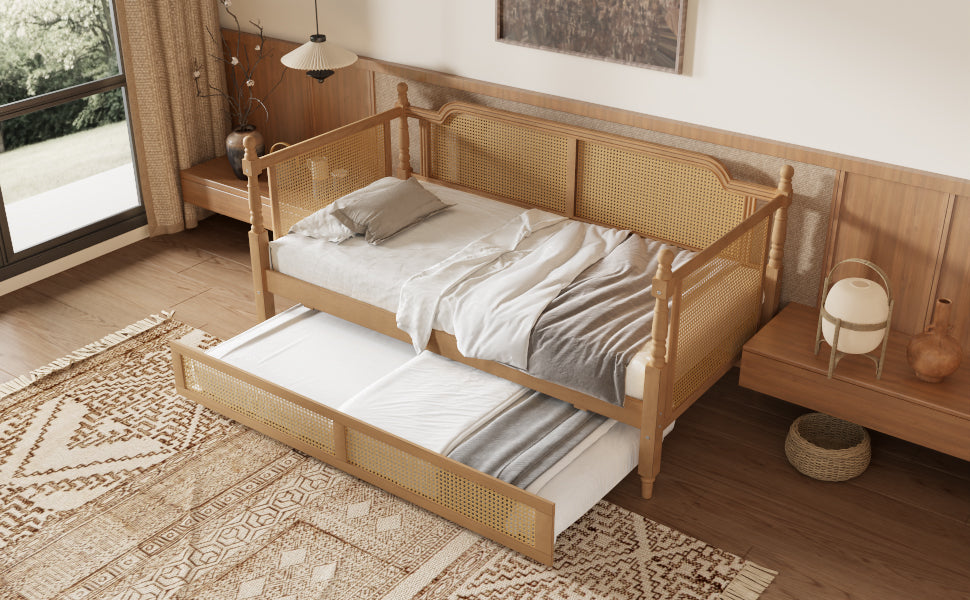 variant-group:rf-n701bs701p415494d|Roomfitters Full Size Traditional Rattan Daybed Frame with 2 Storage Drawers, French Country Wood Bed, No Box Spring, Walnut