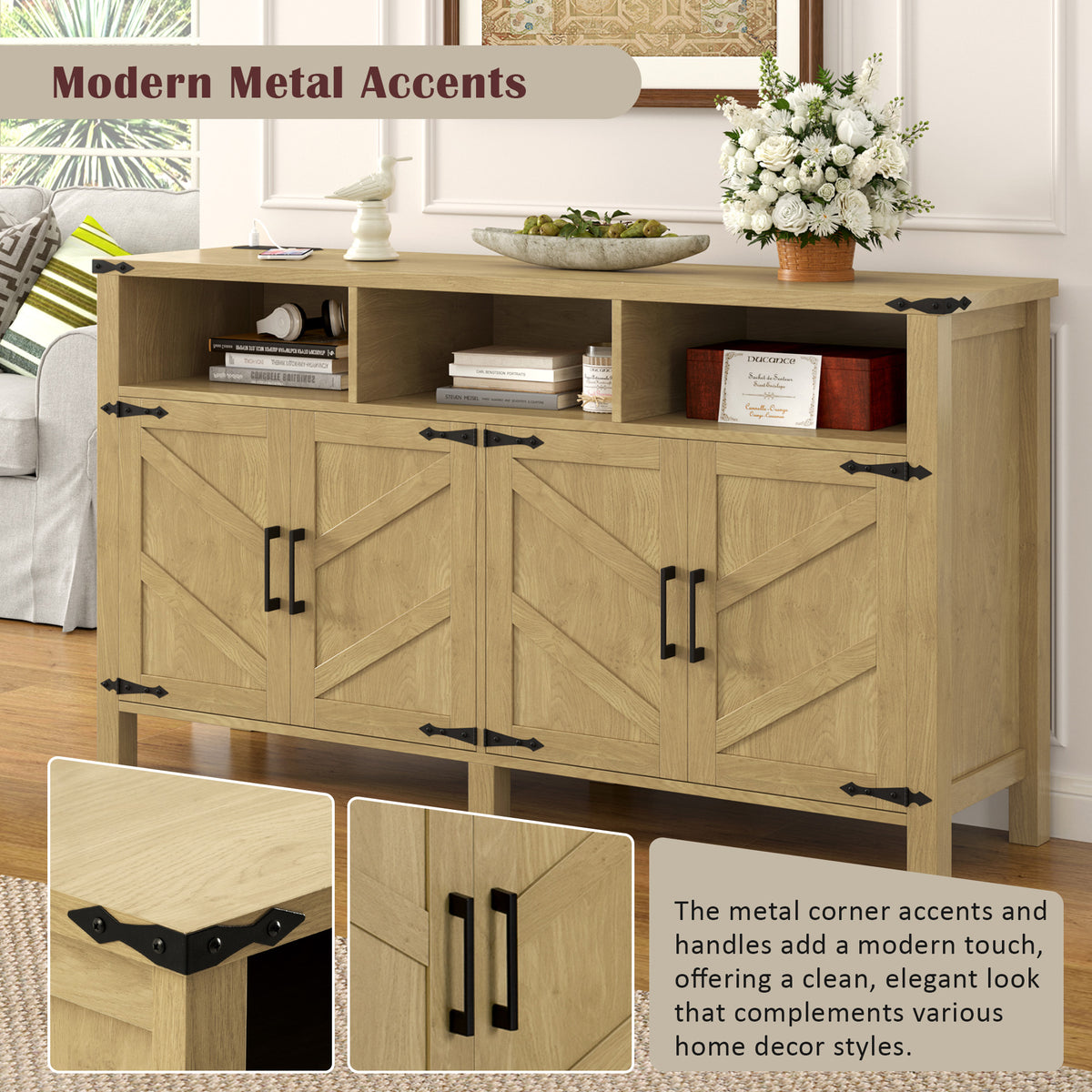 variant-group:rf-n711p347407o|Roomfitters 59" Sideboard Buffet Cabinet with 4 Door & Open Storage, Modern Farmhouse Industrial Coffee Bar Station, Natural