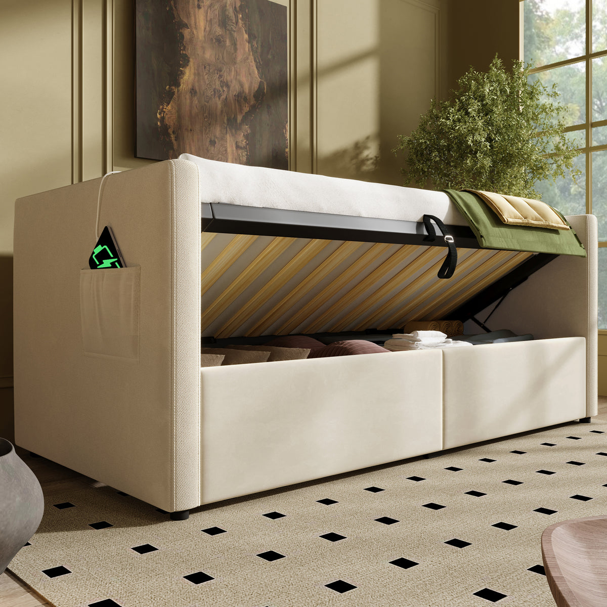 variant-group:rf-n736p303402b|Roomfitters Upholstered Twin Size Daybed with Storage, USB & Type-C Charging, Tufted Sofa Back, Velvet Beige