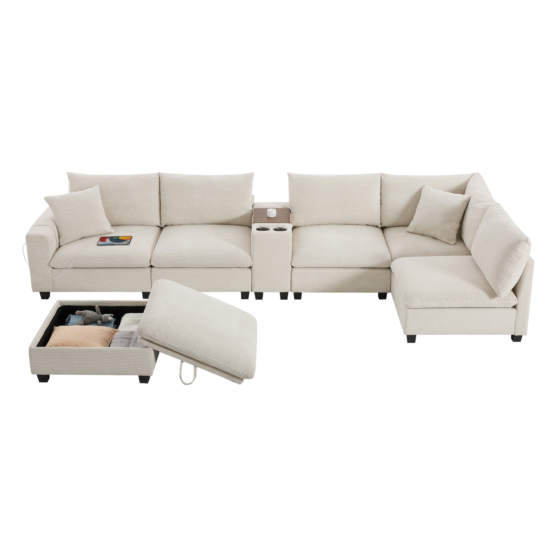 variant-group:rf-n723s1166a|Roomfitters 139 Inch U-Shaped Modular Sectional Sofa with Storage Console, Cup Holders and USB Ports for Living Room, Beige