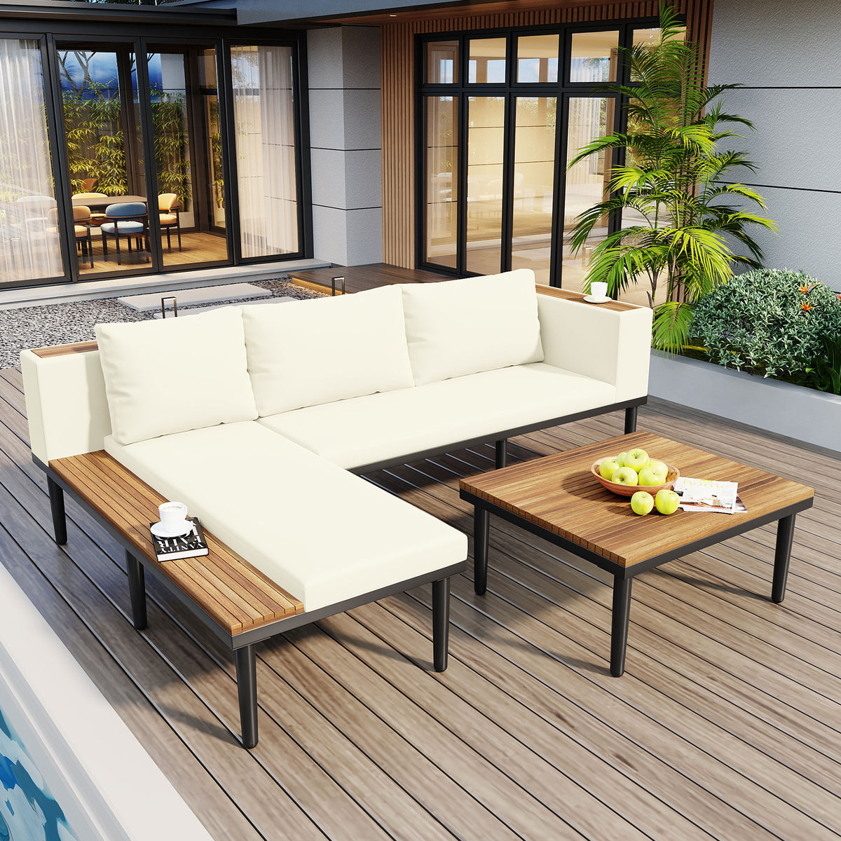 variant-group:rf-n704f201251a|Roomfitters L-Shaped Outdoor Sectional Sofa Set with Built-in Wood Side Tables and Coffee Table, Patio Conversation Set, Beige