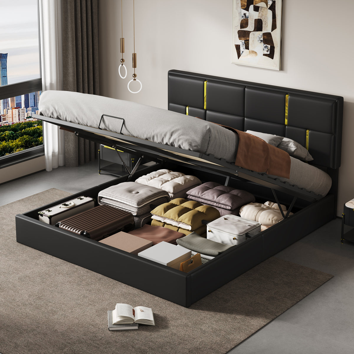variant-group:rf-n733s362241b|Roomfitters Queen Upholstered Platform Bed with Hydraulic Storage Lift, Modern Bed Frame, No Box Spring Required, Black
