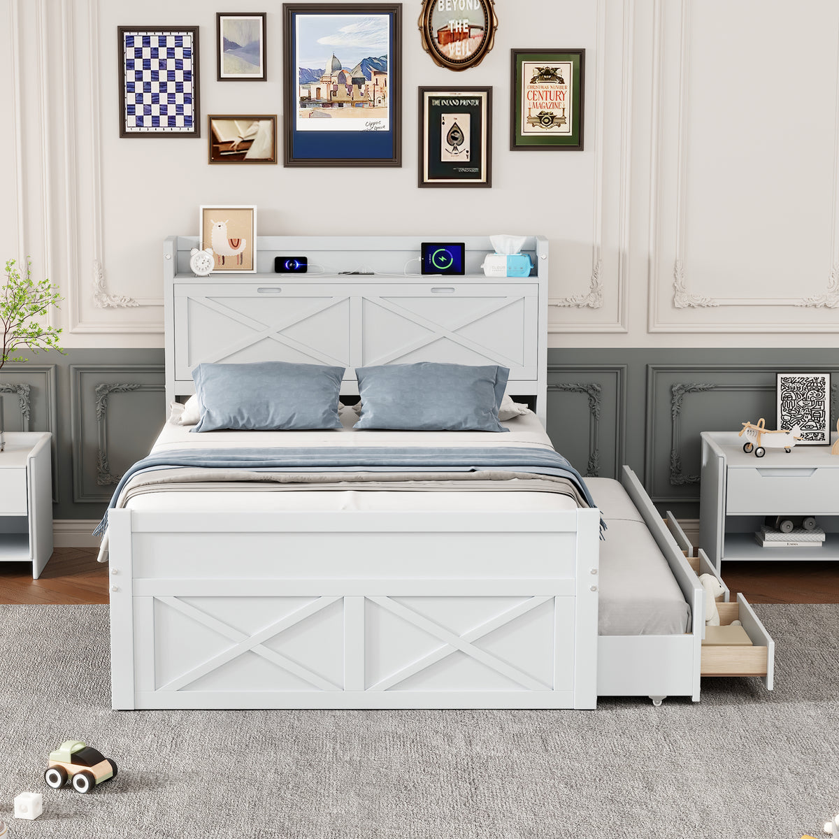 variant-group:rf-n733s172712k|Roomfitters Full Size Wooden Bed with Storage Headboard, Integrated Outlets, Extendable Frame with Twin Trundle and Additional Storage, White