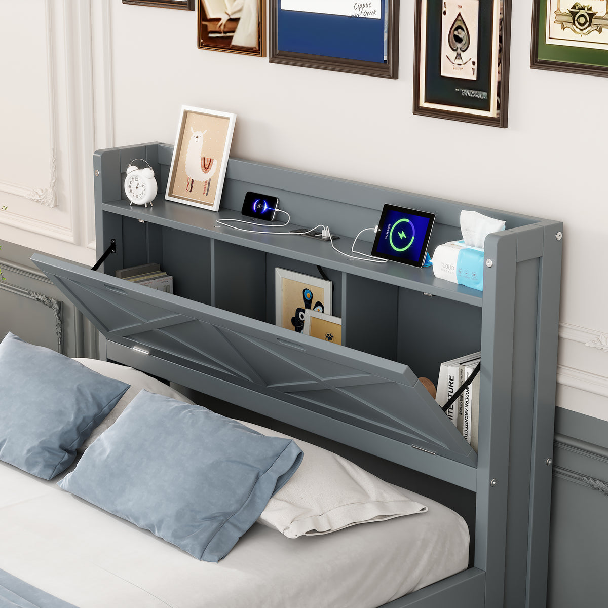 variant-group:rf-n733s172712e|Roomfitters Full Size Wooden Bed with Storage Headboard, Built-In Outlets, Extendable Design with Twin Trundle and Practical Storage, Gray