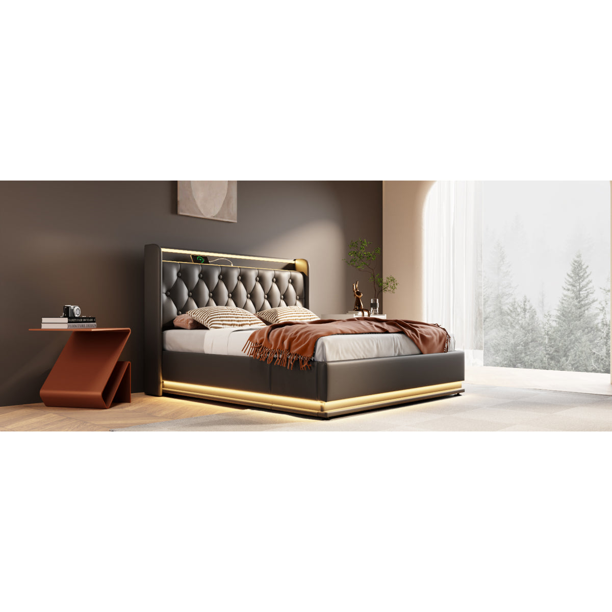 variant-group:rf-n736p188808b|Roomfitters King Size Upholstered Storage Bed with USB Type-C Charging and Remote Control, Faux Leather Black