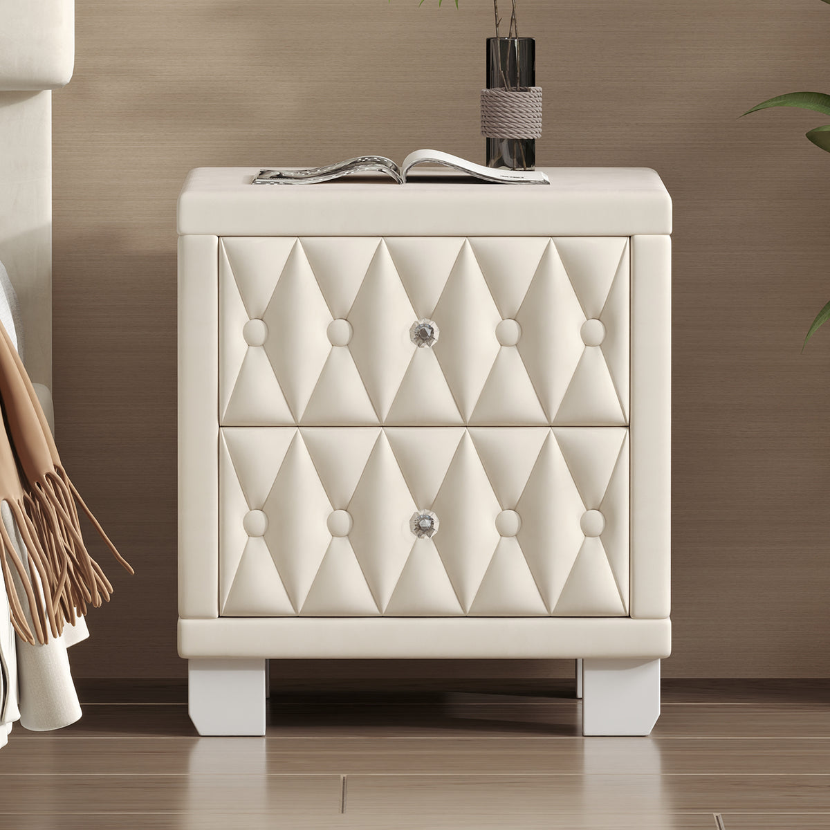 variant-group:rf-n733p210398a|Roomfitters Velvet Nightstand with Crystal Handles, Button-Tufted Upholstered Bedside Table with Two Storage Compartments, Beige