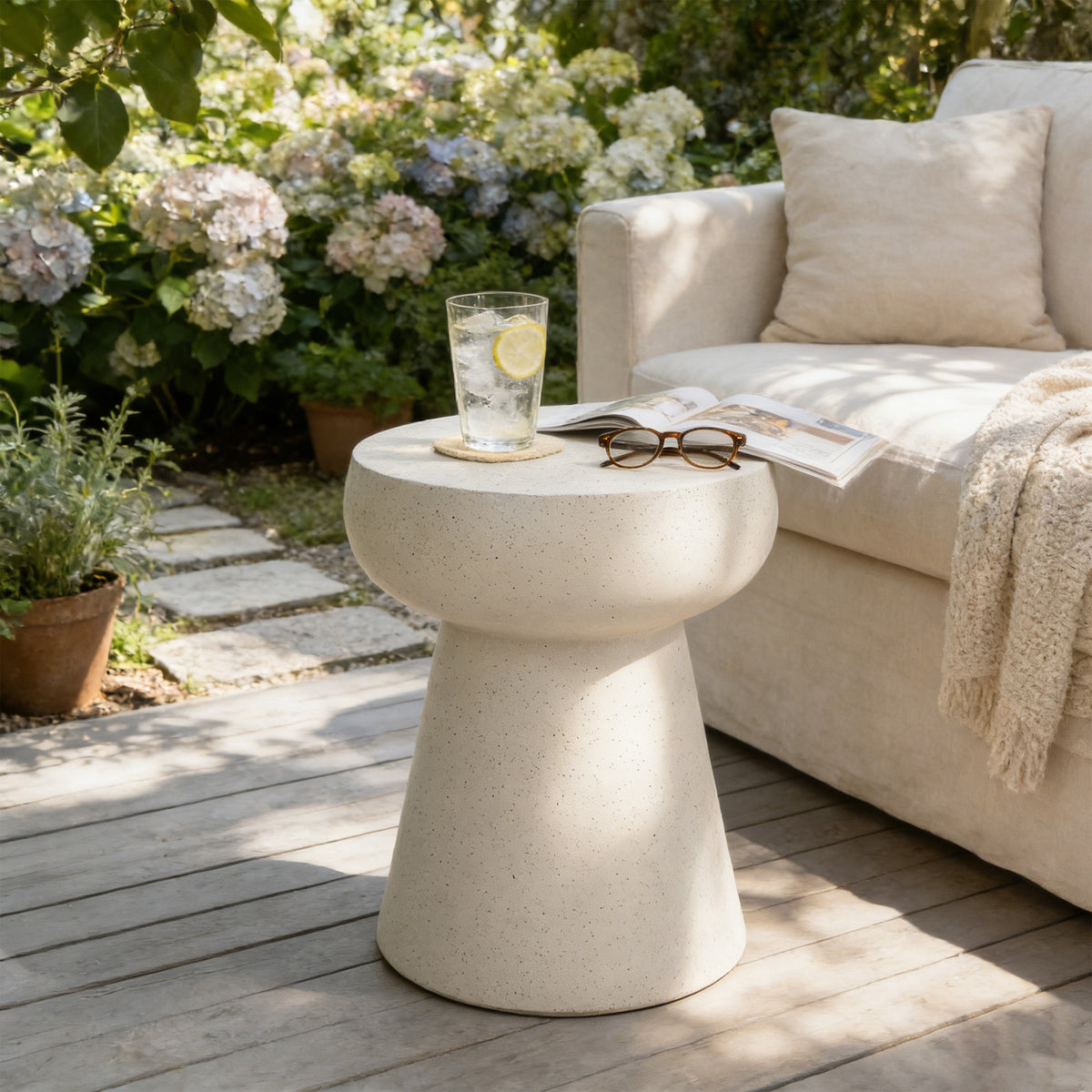 variant-group:rf-n711p422070k|Roomfitters Modern Beige Mushroom Concrete Side Table, Geometric Pedestal End Table, MgO Travertine Texture Stool