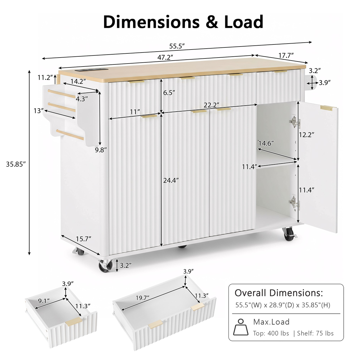 Roomfitters 55.5" Kitchen Island with Power Outlet and Drop Leaf, Rolling Storage Cabinet with Fluted Door Design, White