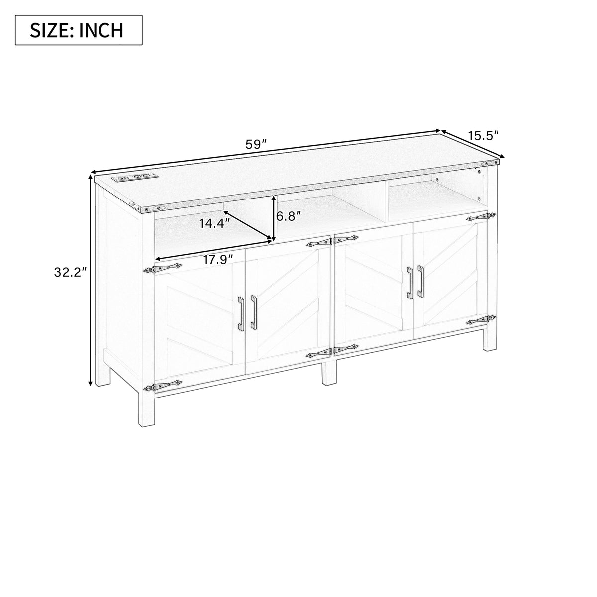 variant-group:rf-n711p347407v|Roomfitters 59" Sideboard Buffet Cabinet with 4 Door & Open Storage, Modern Farmhouse Industrial Coffee Bar Station, Navy Blue