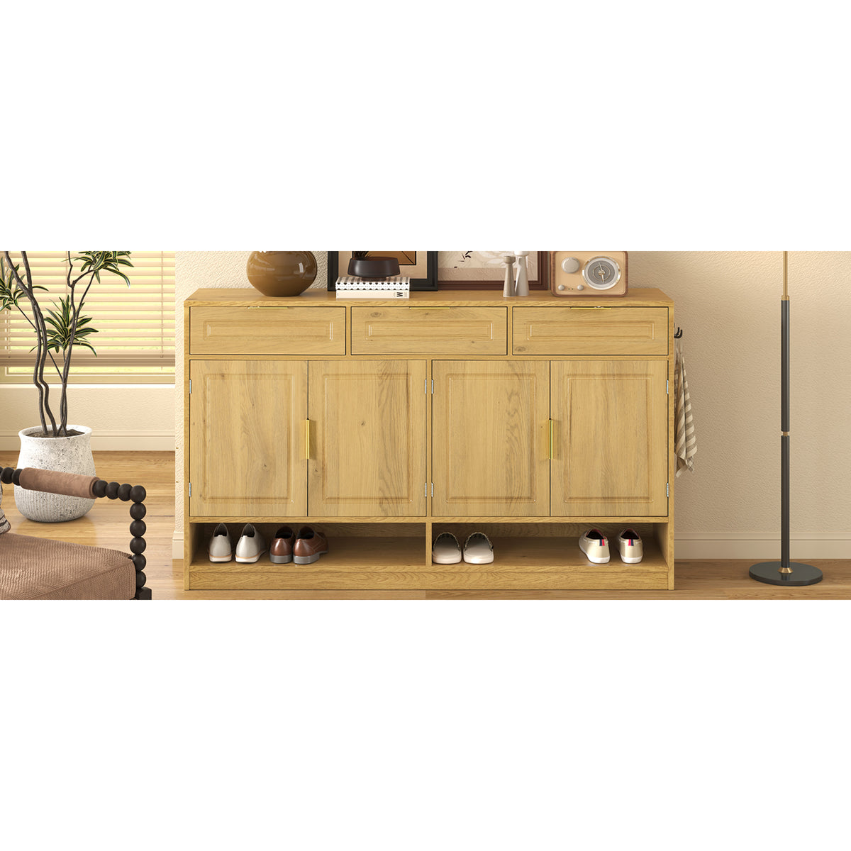 variant-group:rf-n711p345213o|Roomfitters 59.1" Farmhouse Sideboard Buffet Cabinet with 3 Drawers and 4 Doors, Kitchen Storage with Open Shelf, Natural