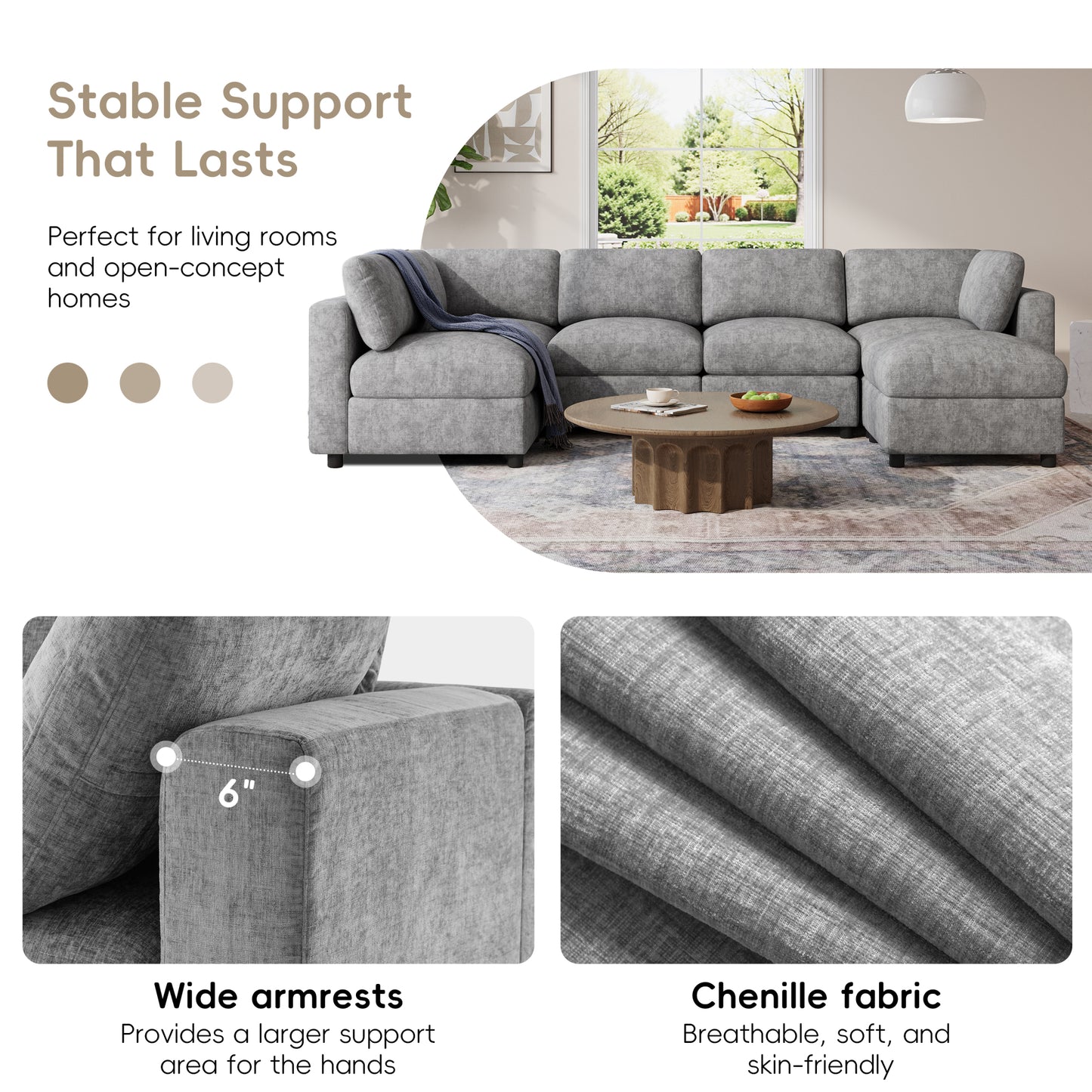 variant-group:rf-n723s9792g|Roomfitters 129 Inch Oversized U-Shaped Modular Sectional Sofa, Large Upholstered Living Room Seating Couch Furniture, Gray