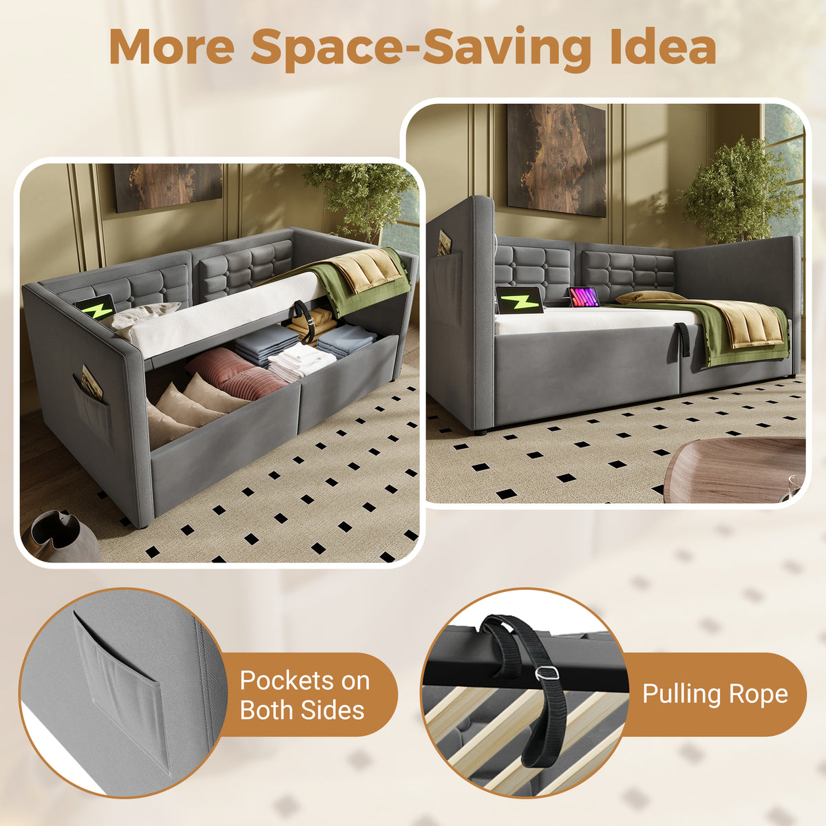 variant-group:rf-n736p303402g|Roomfitters Upholstered Twin Size Daybed with Storage, USB & Type-C Charging, Tufted Sofa Back, Velvet Gray