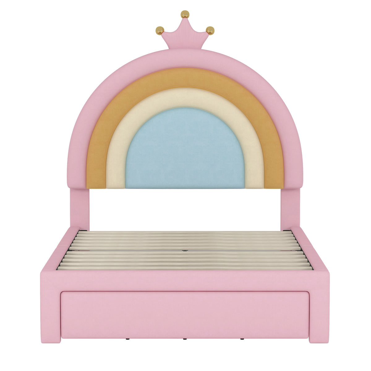 variant-group:rf-n733p234606h|Roomfitters Twin Size Upholstered Rainbow Design Bed, Velvet Princess Platform Bed with Storage Drawer, No Box-spring Needed, Colorful & Pink