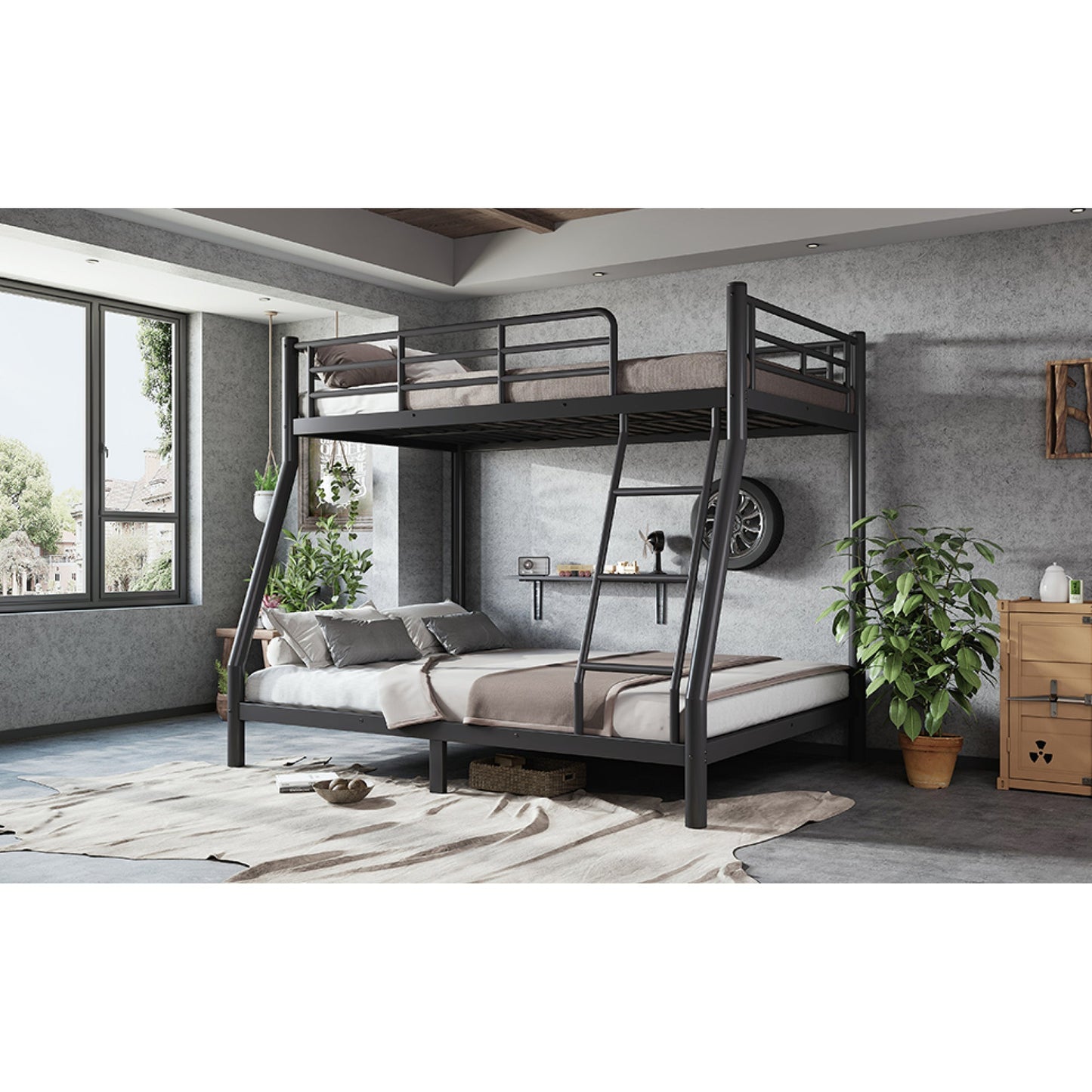 Roomfitters Twin over Full Bunk Bed Frame for Teens Adults, Heavy Duty Metal Round Tube Noise Free No Box Spring, Black