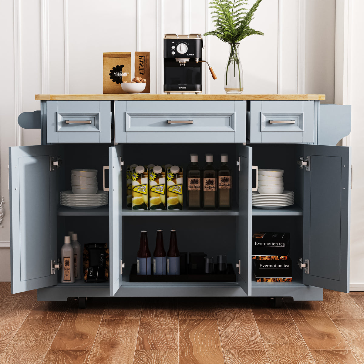 variant-group:rf-n707s195395g|Roomfitters 54" Kitchen Island with Wood Top, Rolling Storage Cabinet with 3 Drawers and 3 Doors, Spice Rack, Grey+Blue