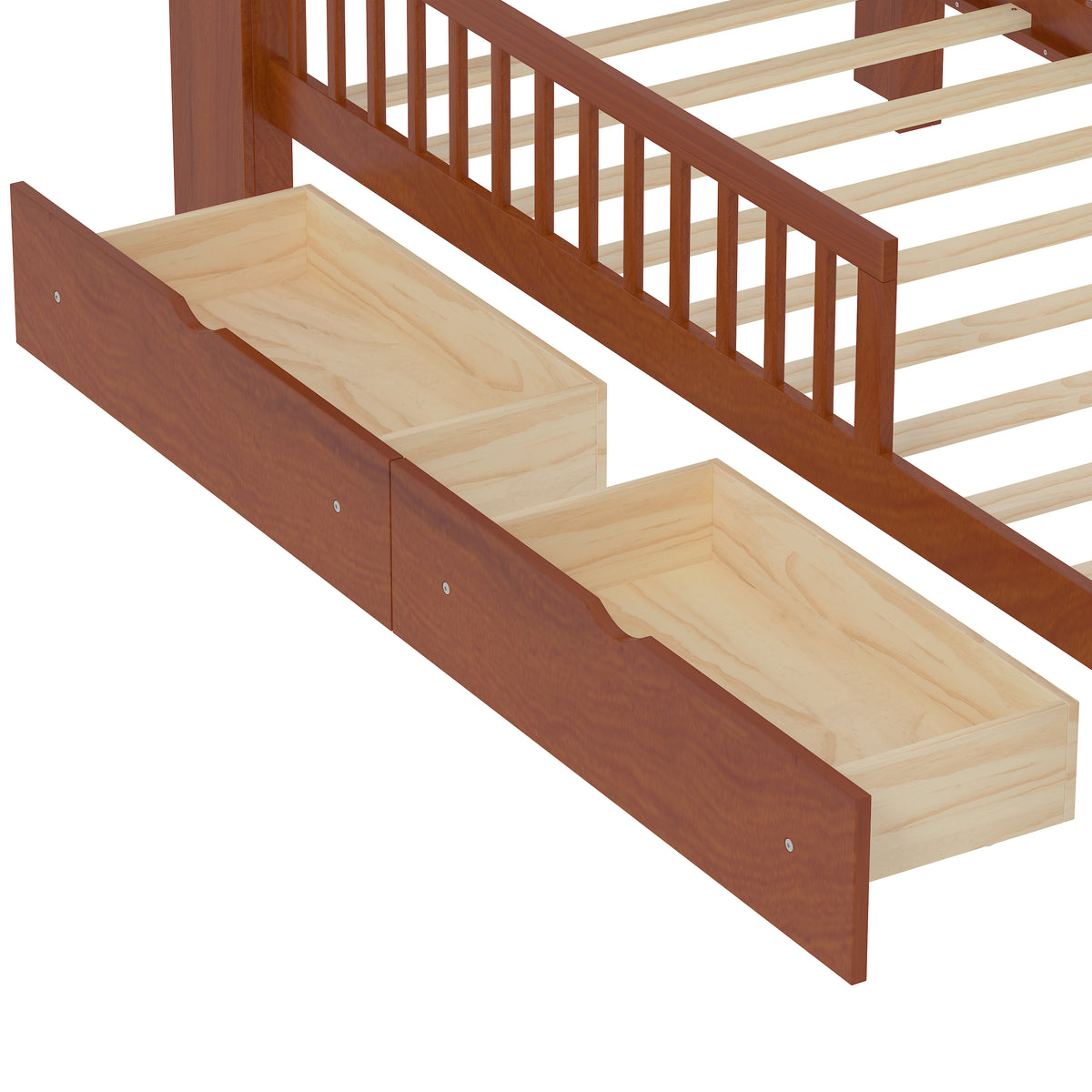 variant-group:rf-n733p272374d|Roomfitters Twin Bed with Headboard Storage Rack, Under-Bed Storage and Three-Side Guardrails, Walnut