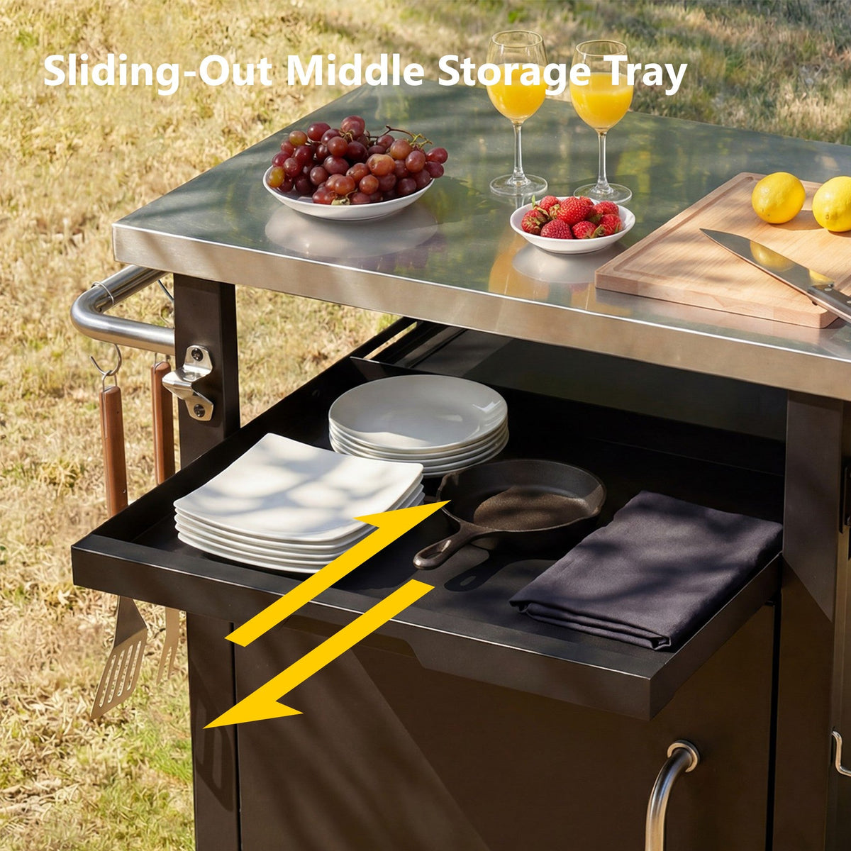 Roomfitters 39.5" Grill Cart with Stainless Steel Top, Outdoor Kitchen Island, BBQ Prep Station with Trash Bag Holder, Black