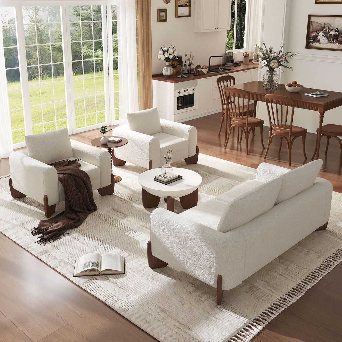 variant-group:rf-n711wy000479aaa|Roomfitters Modern 3-Piece Living Room Sofa Set, Bouclé Fabric Loveseat and 2 Armchairs Pack, Beige Pinewood Lounge