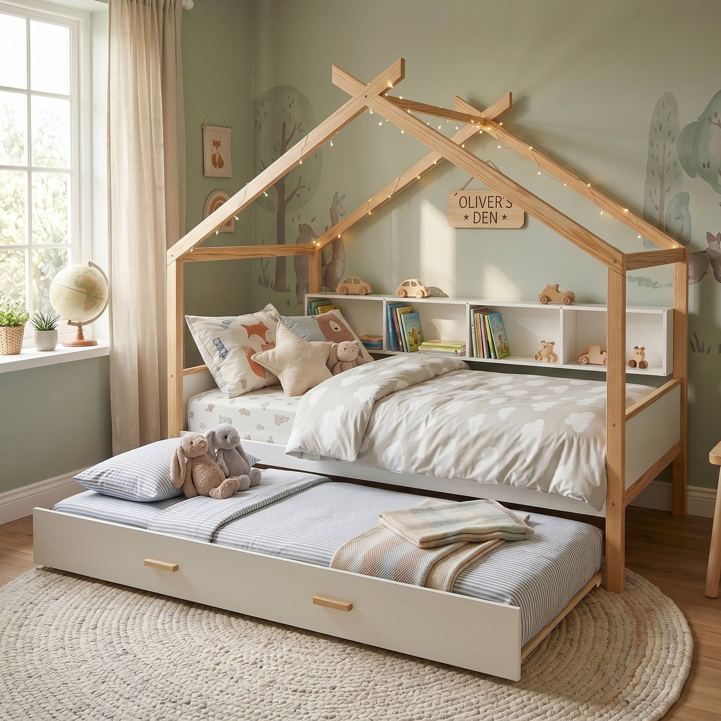 Roomfitters Twin Size Wooden House Bed Frame with Twin Trundle, Bookshelf Storage Furniture, No Box Spring, White Natural Roomfitters