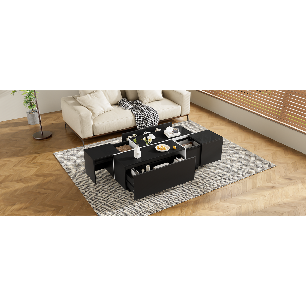 variant-group:rf-n724p292070b|Roomfitters Glossy Extendable Coffee Table with 2 Drawers and Hidden Storage Compartments, Multi-Functional Design, Black