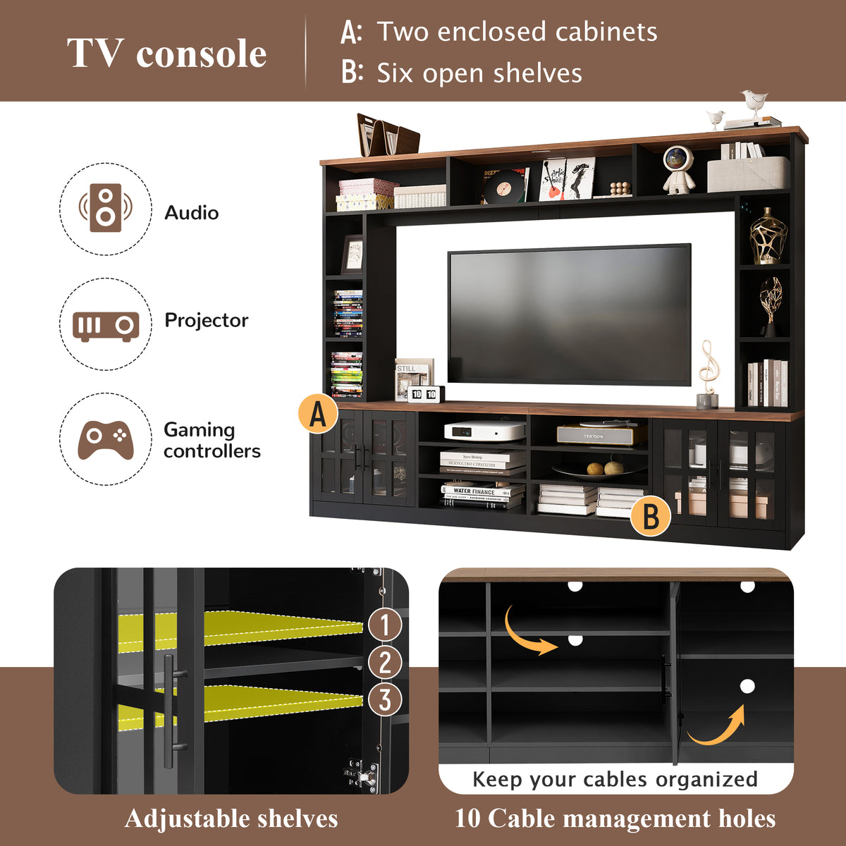 variant-group:rf-n724sj000127aab|Roomfitters Wall Unit Entertainment Center for up to 80 Inch TV, Media Console with Cabinets and Bookshelves, Black