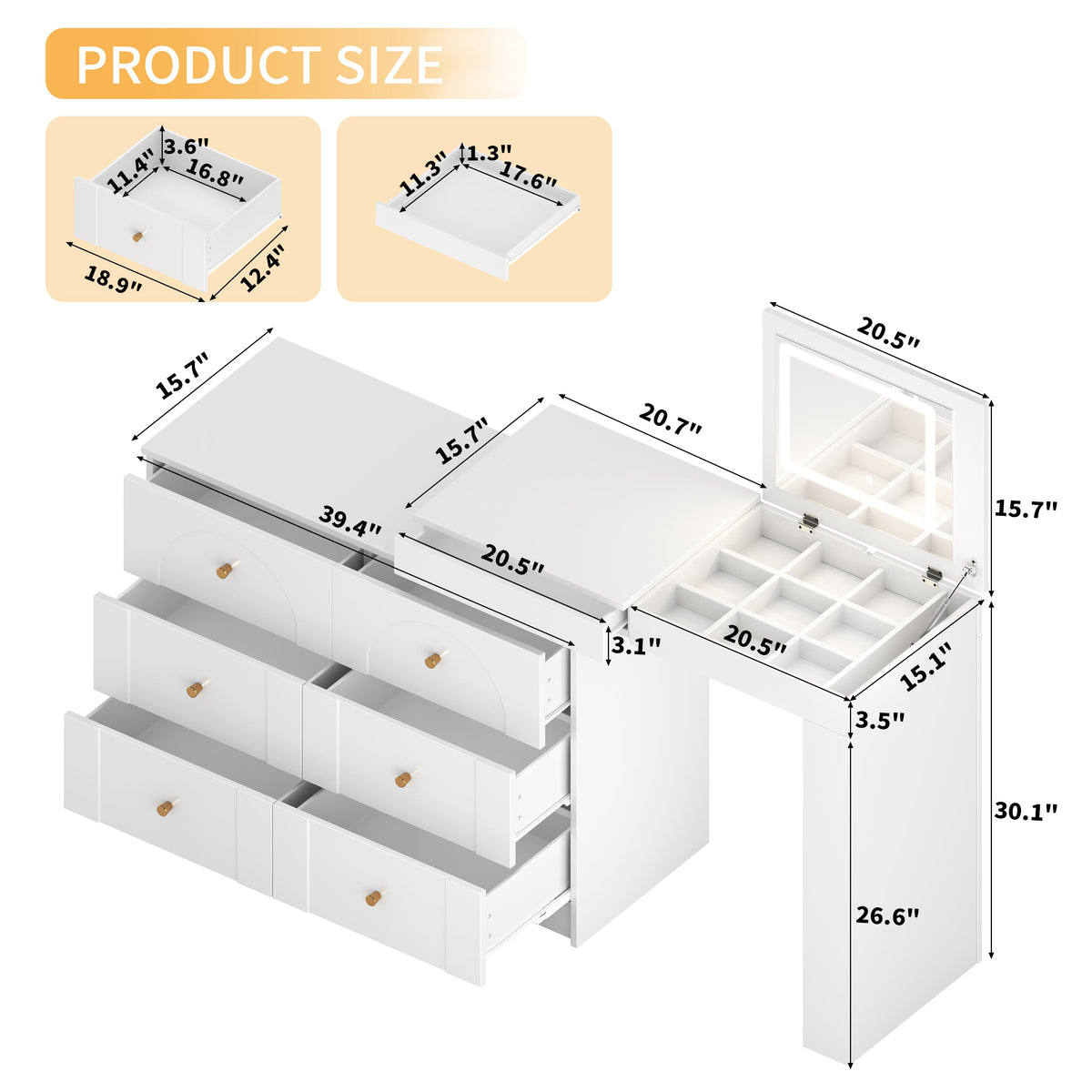 Roomfitters Vanity Desk with Mirror & Lights, Flip-Top Makeup Table with 7 Drawers, 9 Compartments, 3 Shelves, White
