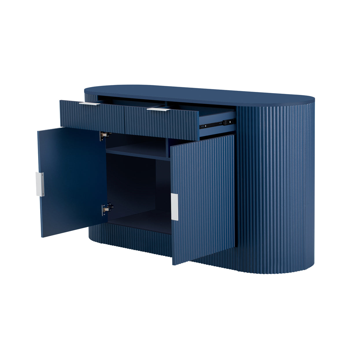 variant-group:rf-n711p345168v|Roomfitters 55.1" Oval Sideboard Buffet Cabinet with 2 Drawers & Wine Rack, Mid-century Modern Fluted Accent for Dining, Blue