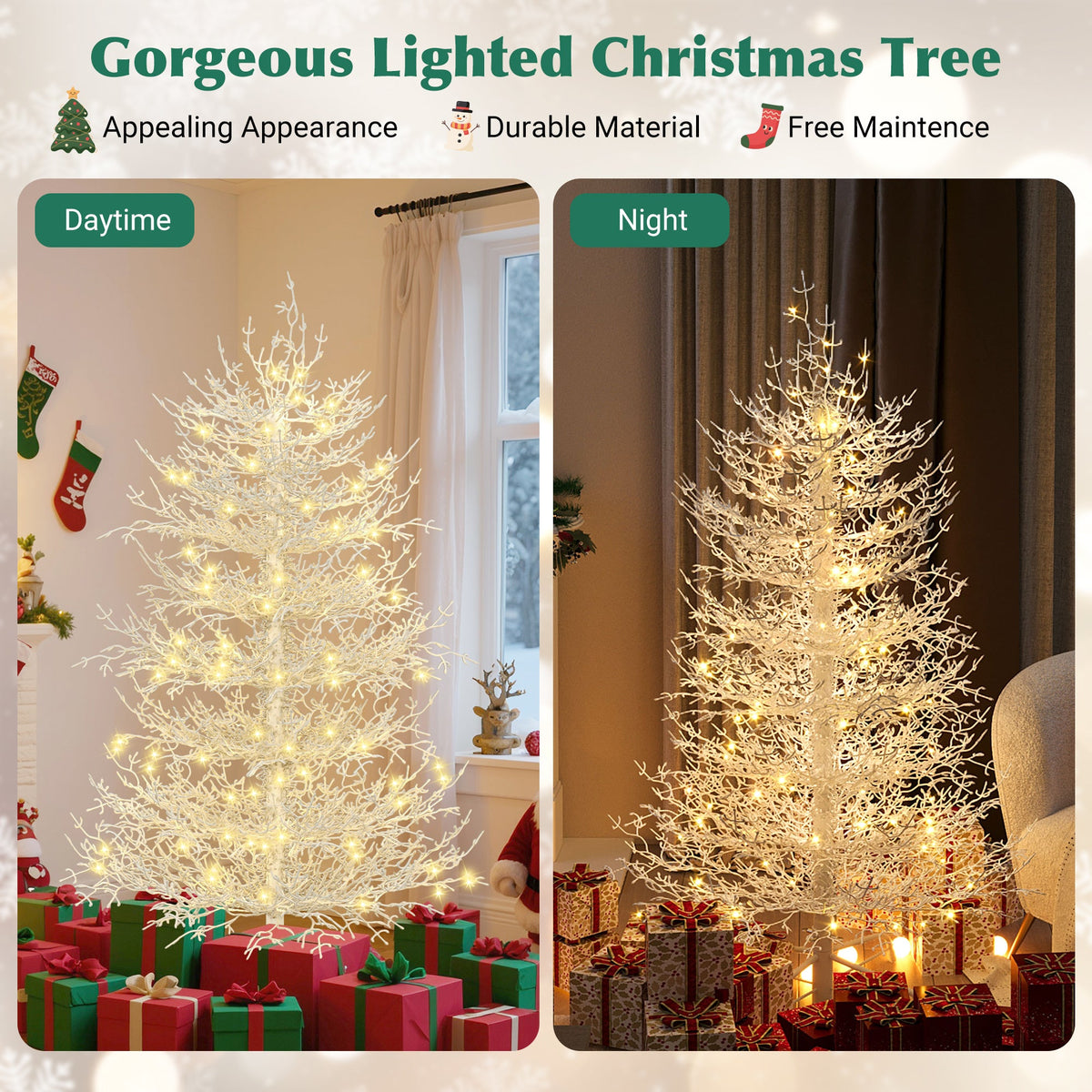 Roomfitters Pre-Lit Aspen Fir Christmas Tree 4FT, Hinged Snow-Flocked Artificial Holiday Tree with Warm Lights, 280 Tips, White Roomfitters