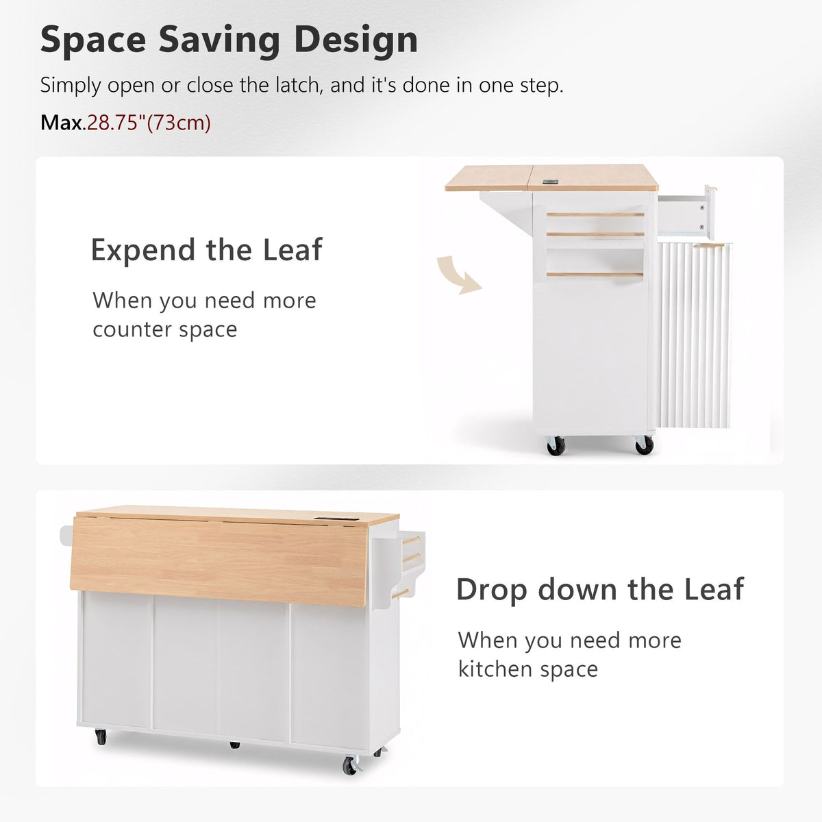Roomfitters 55.5" Kitchen Island with Power Outlet and Drop Leaf, Rolling Storage Cabinet with Fluted Door Design, White