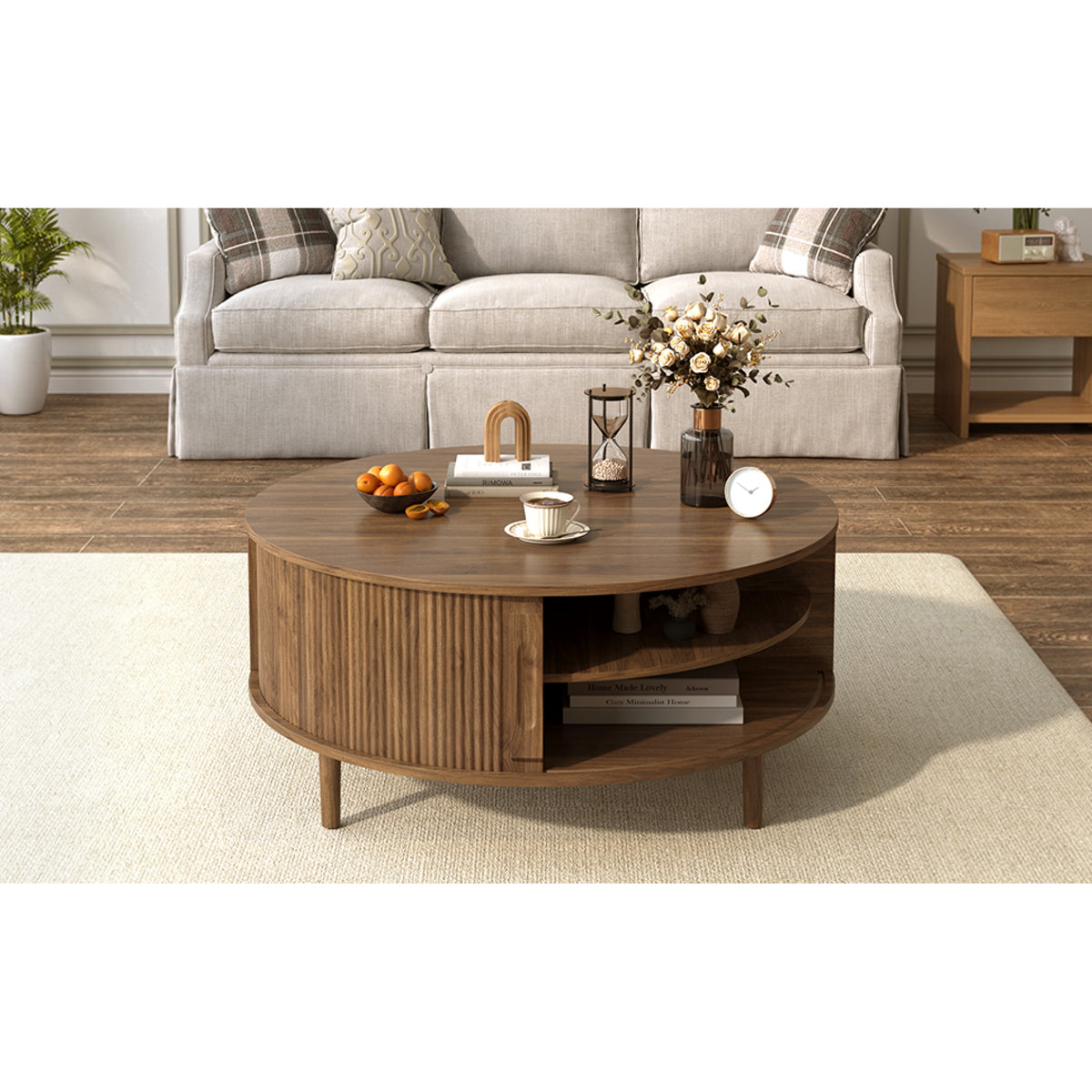 variant-group:rf-n724p416053m|Roomfitters Minimalist Round Lift-Top Coffee Table with Side Sliding Door, Antique Brown