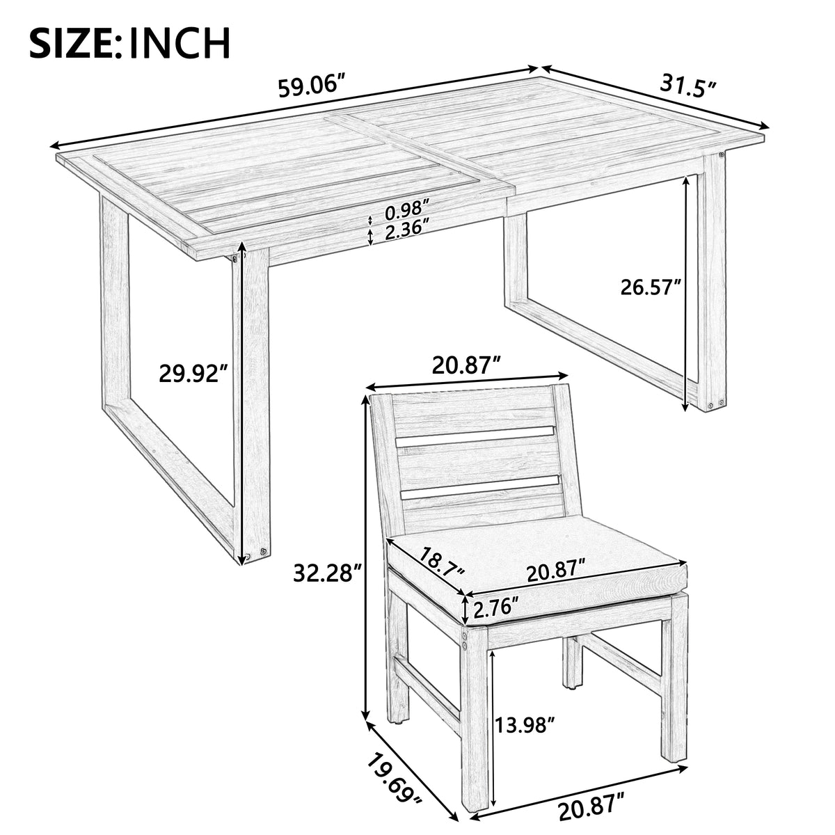 variant-group:rf-n711wy000497aae|Roomfitters Farmhouse 5-Piece Outdoor Dining Set for 4, Acacia Wood Table and Chair Pack, Brown and Grey Slatted