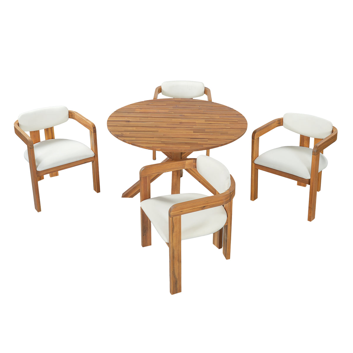variant-group:rf-n704g201258a|Roomfitters 5-Piece Outdoor Acacia Wood Round Dining Set with Ergonomic Barrel Armchairs Beige Cushions