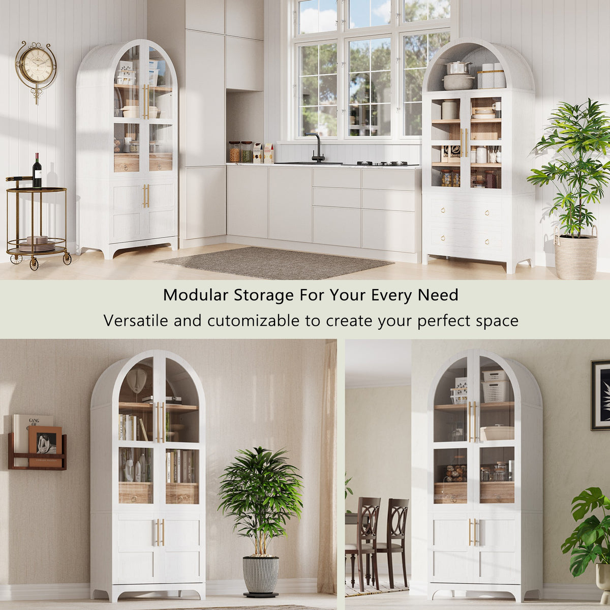 variant-group:rf-n707s288969w|Roomfitters 71" Pantry Cabinet with Arched Top & Glass Doors, 4-Door Storage Hutch with Adjustable Shelves for Kitchen, White