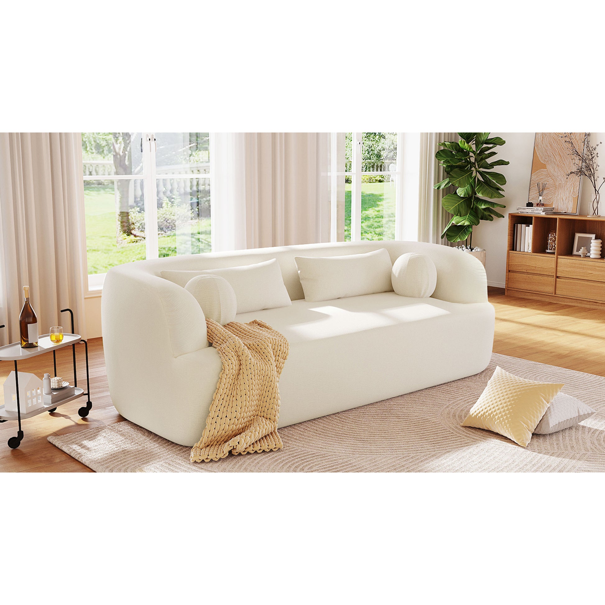 variant-group:rf-n723p404465a|Roomfitters 86 Inch Modern Curvy Sofa, 3-Seater Rounded Upholstered Couch with Plush Throw Pillows for Living Room, Beige