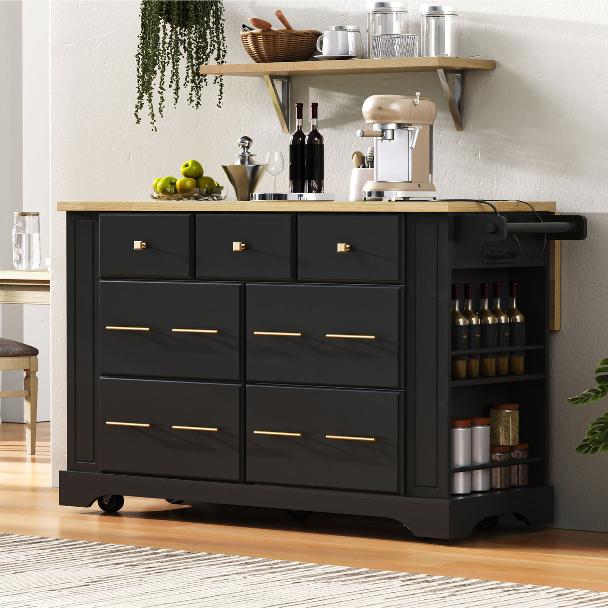variant-group:rf-n707s307292b|Roomfitters 51" Kitchen Island with Power Outlet and Drop Leaf, Rolling Cabinet with Pull-Out Trash Can Drawer, Black