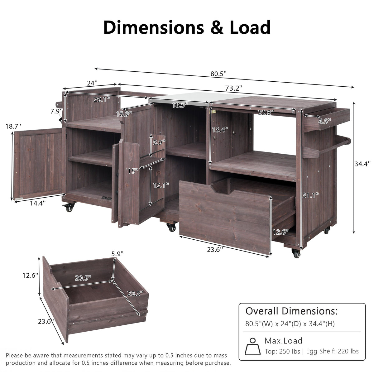 variant-group:rf-n707p392140z|Roomfitters 80.5" Extra Large Grill Cart, Outdoor Kitchen Prep Station with Stainless Steel Top & Kamado Grill Stand, Dark Brown