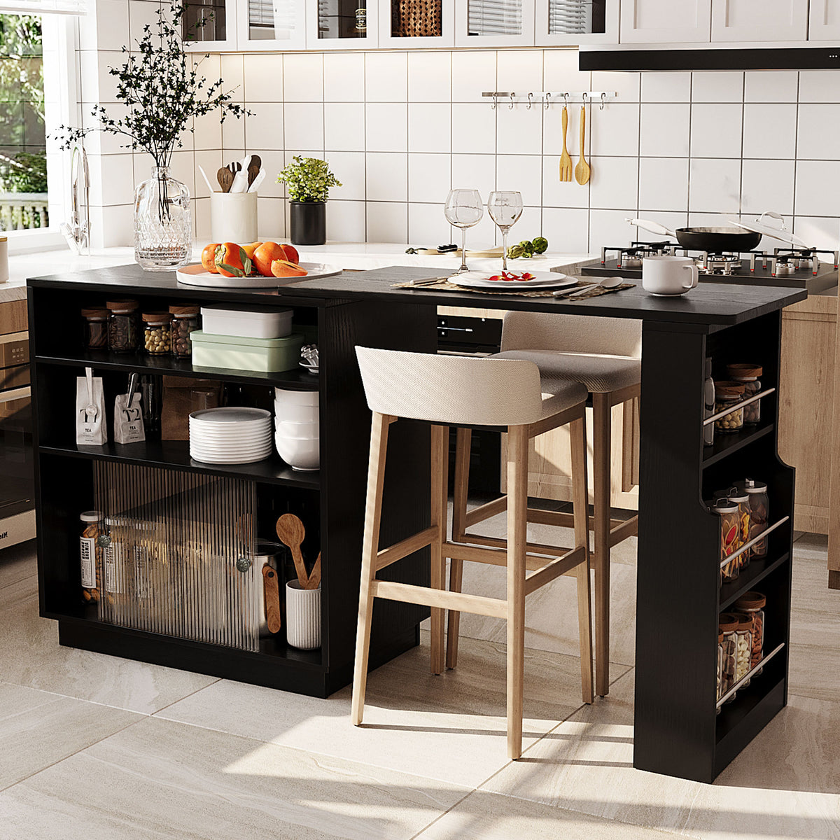 variant-group:rf-n711p437809b|Roomfitters Black MDF Counter Height Kitchen Island Sideboard Cabinet, Extendable Table, Acrylic Sliding Doors