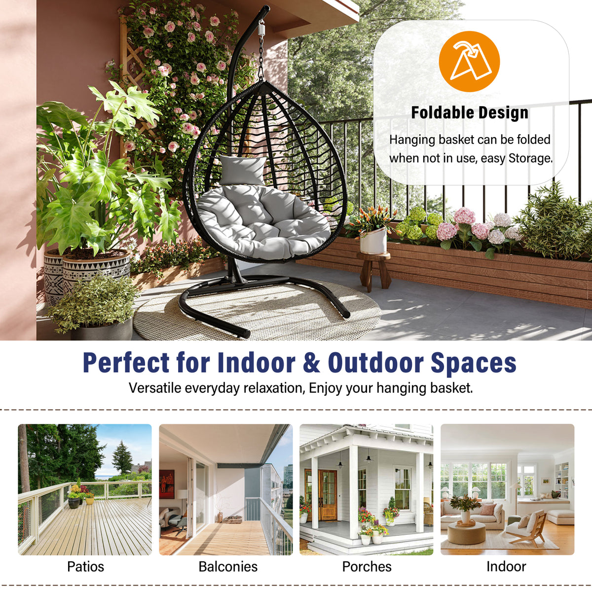 variant-group:rf-n711p389502e|Roomfitters Indoor Outdoor Hanging Egg Hammock Chair with Stand, Wicker Rattan Swing for Patio and Bedroom, Black+ Gray