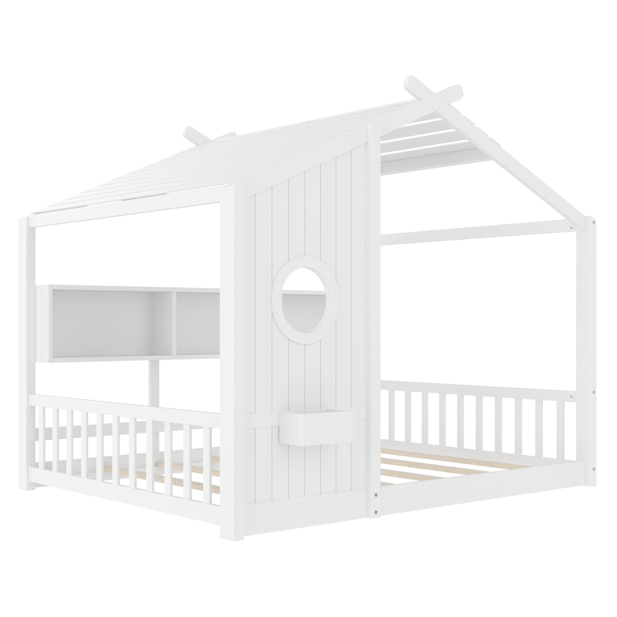variant-group:rf-n733p335068k|Roomfitters Full Size Floor House Bed with Storage Shelf and Roof Design, Montessori Playhouse Bed, White