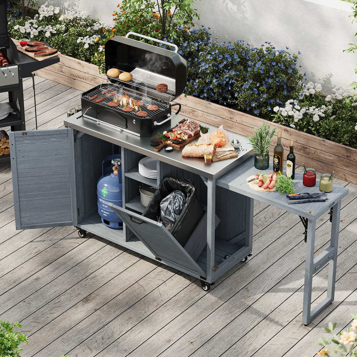 variant-group:rf-n707p370276g|Roomfitters 78.3" Outdoor Kitchen Island with Foldable Grill Table, Stainless Steel Top & Tilt Trash Can Storage, Grey Blue