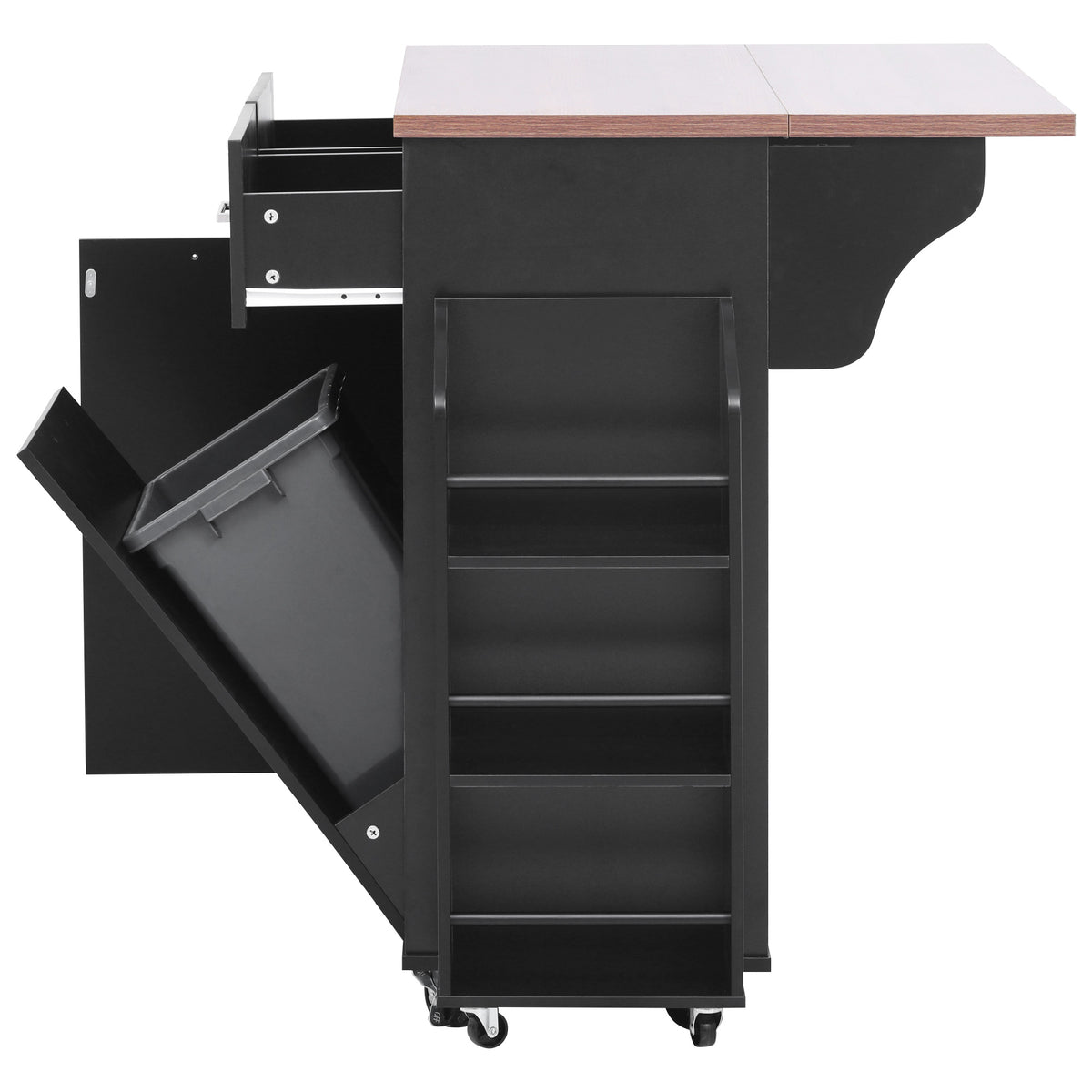variant-group:rf-n707p307296b|Roomfitters 47.2" Farmhouse Kitchen Island with Drop Leaf, Tilt Trash Can Cabinet, Removable Mobile Side Racks, Black