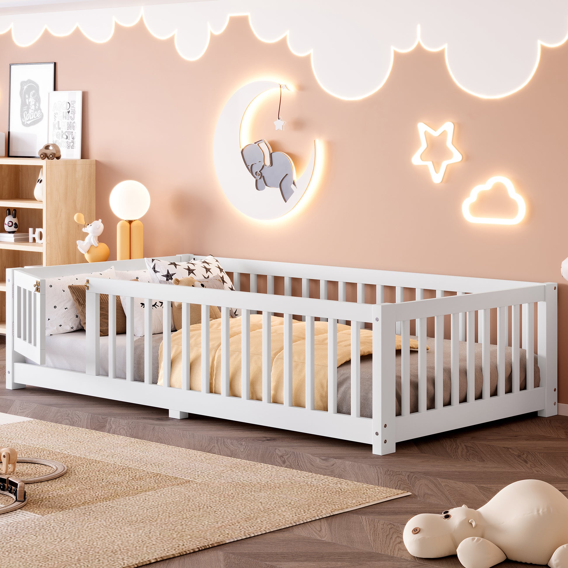 variant-group:rf-w1580p338944|Roomfitters Wooden Twin Floor Bed Frame with Door & Safety Guardrails, Low Platform Design for Bedroom or Playroom, White
