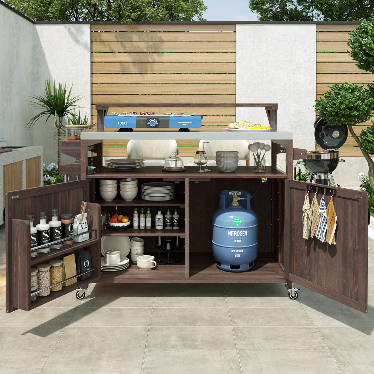 variant-group:rf-n707p250628z|Roomfitters 53.3" Outdoor Kitchen Island with Raised Shelf, Wood Storage Cabinet, Stainless Steel Top, Rolling Grill Cart, Brown